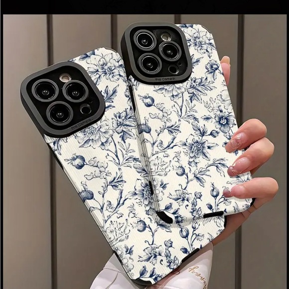 Apple iPhone Phone Case Vertical Stripes PU Leather Texture Blue Floral Patter - Picture 4 of 5